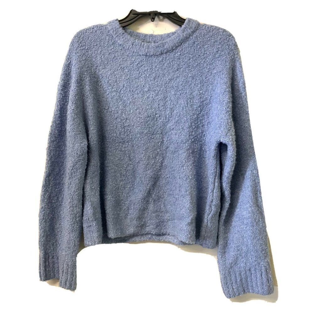Abound Womens Blue Crewneck Fuzzy Flecked Pullover Sweater